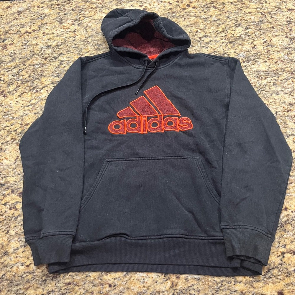 Adidas Mens Pullover Hoodie Black‎ Orange Red Logo Fleece Sweatshirt Large